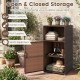 Outdoor PE wicker storage cabinet in brown with open and closed compartments, ideal for patio cushions and garden tools.