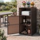 Outdoor PE wicker storage cabinet in brown features open shelves and a door, perfect for patio organization and style.