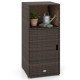 Outdoor PE wicker storage cabinet in brown features open shelves and a door for organized patio storage.