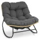 Gray outdoor Papasan rocking chair with thick cushioned seat, ergonomic design for patio relaxation and support.