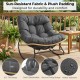 Outdoor Papasan rocking chair with thick gray cushion, sun-resistant fabric, and ergonomic design for patio relaxation.