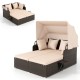 Side view of the outdoor patio rattan daybed with retractable canopy and beige cushions, ideal for stylish outdoor.