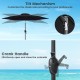 Tilt mechanism and crank handle of a 7.5 ft outdoor umbrella for easy shade adjustment and operation.