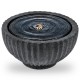 Outdoor round sphere water fountain in gray stone finish with LED lights, perfect for small patios or balconies.