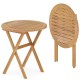 Round outdoor side table with slatted acacia wood top and X-shaped structure, perfect for indoor and outdoor use.