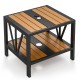 Outdoor side table with a wood-like surface, umbrella hole, and storage shelf, perfect for porch or patio use.