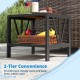 Outdoor side table with 2-tier storage shelf and umbrella hole, featuring a rustic wood-like surface for patio use.