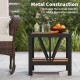 Outdoor side table with metal construction, wood-like surface, and umbrella hole, perfect for porch or patio use.