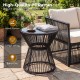 Outdoor side table in black with tempered glass top, featuring hand-woven PE rattan for a boho-chic look, ideal for.