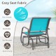 Turquoise outdoor single swing glider rocking chair with armrests and breathable, rip-resistant fabric for patio.