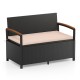 Outdoor storage bench with cushion in brown, featuring PE rattan, acacia wood armrests, and 46-gallon storage for patio.