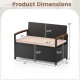 Outdoor storage bench dimensions with cushion, featuring PE rattan, acacia wood armrests, and 46-gallon capacity.