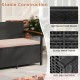 Outdoor storage bench with brown cushion, sturdy metal frame, and anti-slip foot pads for patio or garden use.