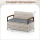 Outdoor storage bench dimensions showing a gray cushion, PE rattan material, and acacia wood armrests for patio use.
