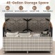 Outdoor storage bench with 46-gallon capacity, gray PE rattan, and comfortable cushion, perfect for patio or garden use.