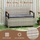Outdoor storage bench in mix grey PE rattan with cushion, featuring acacia wood armrests for patio or garden use.