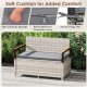Outdoor storage bench with gray cushion, featuring PE rattan, acacia wood armrests, and waterproof liner for patio use.