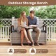 Gray outdoor storage bench with cushion, accommodates 2 people, supports 800 lbs, perfect for patio or garden use.