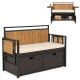 Outdoor storage bench with acacia wood backrest, PE rattan, and two folding side tables for convenient outdoor lounging.