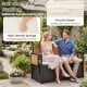 Outdoor storage bench with soft cushion, acacia wood backrest, and two side tables for cozy outdoor lounging.