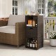Outdoor storage cabinet in brown wicker with three shelves and a drawer, perfect for patio organization.