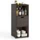 Outdoor storage cabinet in brown PE rattan with three shelves and a removable drawer, ideal for patio organization.