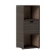 Brown outdoor storage cabinet made of hand-woven PE rattan with 3 shelves and a removable drawer for patio organization.