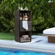 Outdoor storage cabinet in brown wicker with three shelves and a removable drawer, ideal for poolside organization.