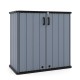 Gray outdoor storage shed with lockable doors, waterproof surface, and grooved drainage roof for secure organization.