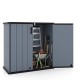 Gray outdoor storage shed with lockable door, designed for organizing gardening tools and equipment in all-weather.