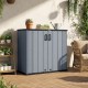 Gray outdoor storage shed with lockable door, waterproof surface, and ample space for organizing gardening tools and.