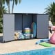 Gray outdoor storage shed with lockable door, featuring organized towels and pool items for versatile outdoor use.