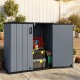 Outdoor storage shed in gray with lockable door, ideal for organizing gardening tools and equipment in various weather.
