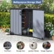 Gray outdoor storage shed with lockable door, ideal for organizing tools and equipment in various weather conditions.