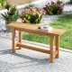 Teak wood bench with H-shaped legs, perfect for outdoor spaces like porches and patios, seating two comfortably.
