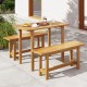 Teak wood outdoor bench set with H-shaped legs, ideal for porch or patio, comfortably seats two people.