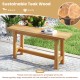 Outdoor teak wood bench with H-shaped legs, perfect for porch or poolside seating for two people.