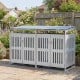 Outdoor trash can storage shed for 2 bins with slant-roof design, gas struts, and lockable doors for secure waste.