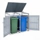 Outdoor trash can storage shed for 2 bins with gas struts, featuring a silver metal frame and dual lockable doors.