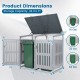 Outdoor trash can storage shed with dual-bin capacity, gas struts, and reinforced metal frame for garage or patio use.