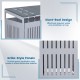 Close-up of the slant-roof design and grille-style panels of the outdoor trash can storage shed for 2 bins.