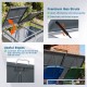 Outdoor trash can storage shed with gas struts, dual-bin capacity, and connecting ropes for easy lid operation.