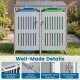 Outdoor trash can storage shed for 2 bins with gas struts, featuring a slant-roof design and lockable doors for.