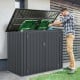 Outdoor trash can storage shed in dark gray with double openings, featuring galvanized steel construction for.