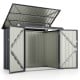 Outdoor trash can storage shed in dark gray with double openings and top flip cover for easy access and durability.