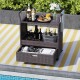 Outdoor wicker bar cart with tempered glass top, featuring ample storage and wheels for easy mobility, perfect for.