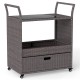Outdoor wicker bar cart table with tempered glass top, featuring a large drawer and 4 wheels for easy mobility.