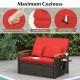Red outdoor wicker daybed with adjustable backrest, soft cushions, and storage ottoman for versatile patio relaxation.
