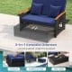 Outdoor wicker daybed with dark blue cushions, featuring a versatile storage ottoman and adjustable backrest for.