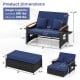 Outdoor wicker daybed with dark blue cushions, adjustable backrest, and storage ottoman for versatile patio use.